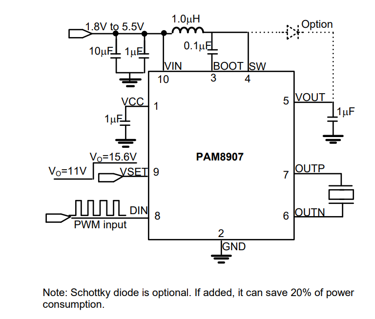 Application Circuit Diagram - Diodes Incorporated PAM8907 31VPP Output Piezo Sounder Driver